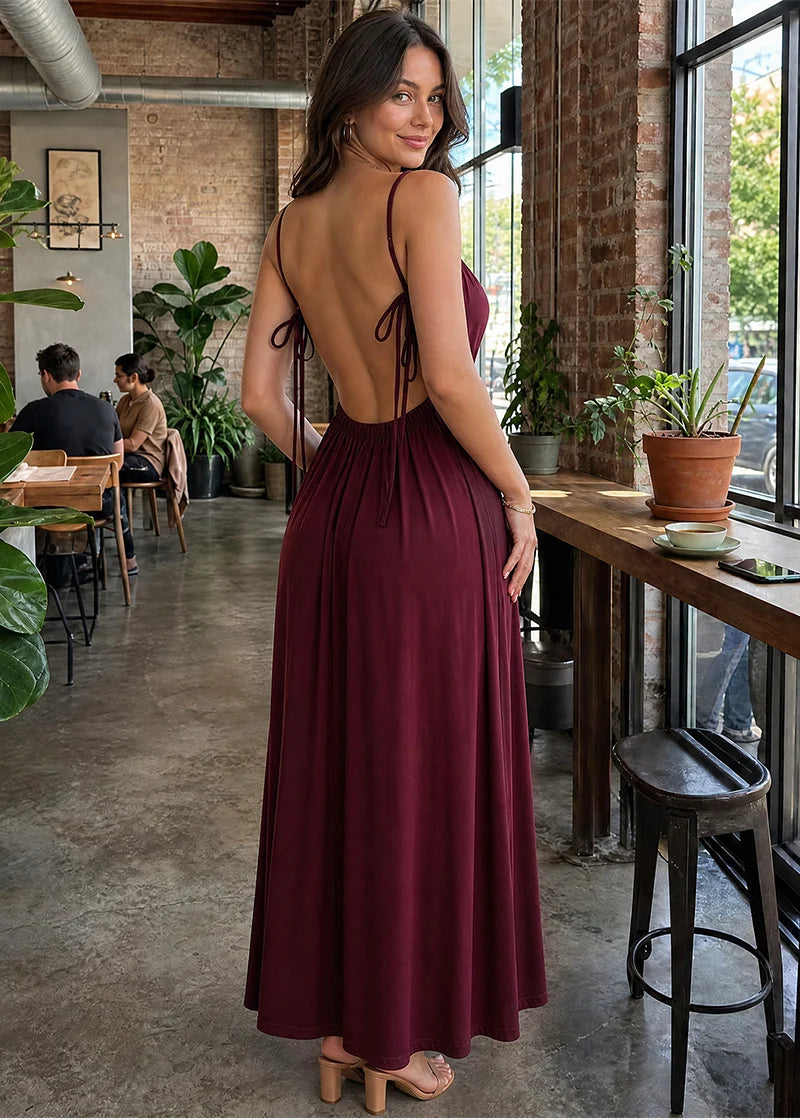 Drawstring Backless Cami Maxi Dress